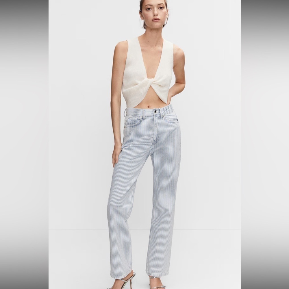 Mango NWT Striped Straight Leg Jean Blue White 6 - Picture 1 of 6